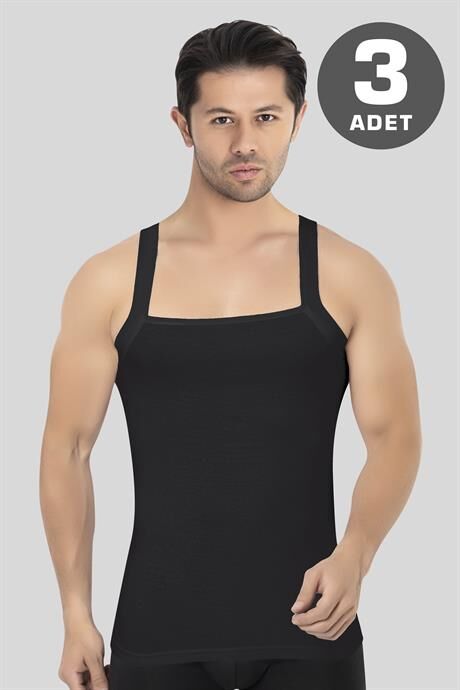 Erkek Geniş Biyeli Atlet %100 Pamuklu Ribana Siyah 3'lü Paket