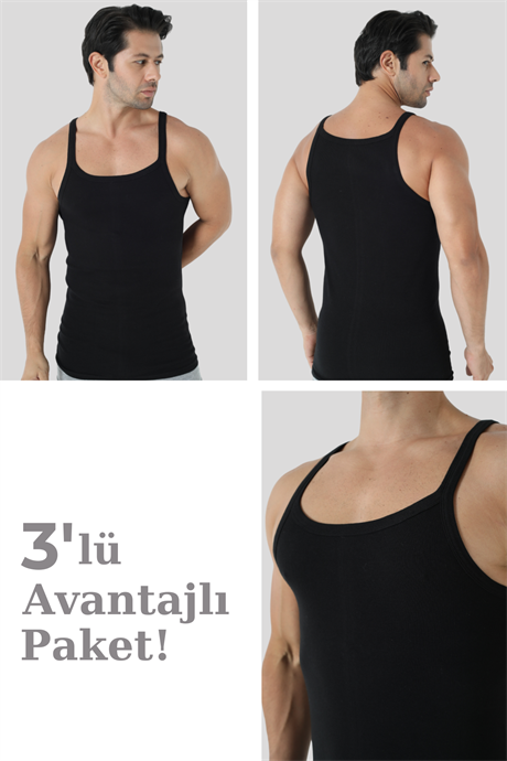 Erkek Siyah İnce Askılı Atlet 3'lü Paket Pamuklu Ribana Esnek Kumaş