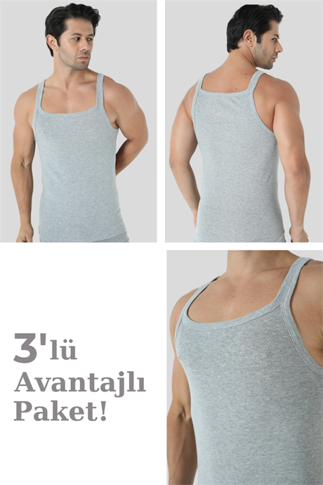 Erkek Gri İnce Askılı Atlet 3'lü Paket Pamuklu Ribana Esnek Kumaş