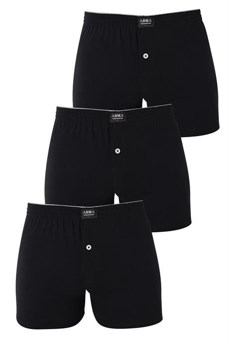 Erkek Siyah Düğmeli Boxer 3'lü Paket %100 Pamuklu Penye