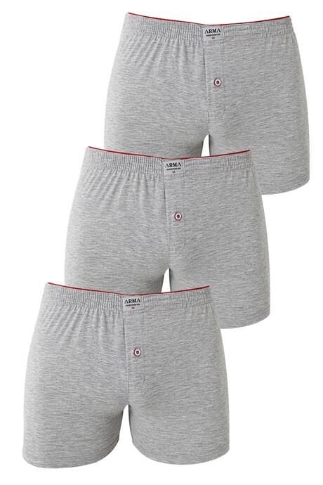 Erkek Gri Düğmeli Boxer 3'lü Paket %100 Pamuklu Penye