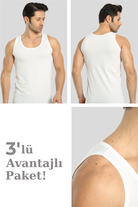 Erkek Beyaz Pamuklu Omuzu Lok Dikişli Atlet 3'lü Paket