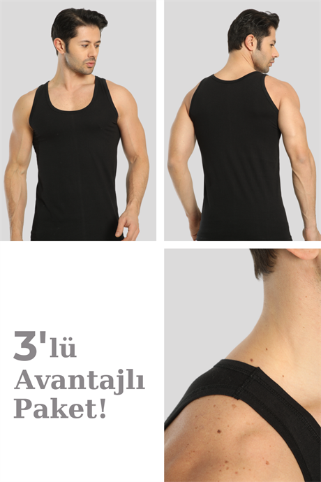 Erkek Siyah Pamuklu Omuzu Lok Dikişli Atlet 3'lü Paket