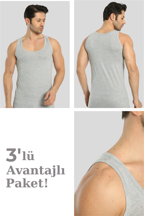 Erkek Gri Pamuklu Omuzu Lok Dikişli Atlet 3'lü Paket