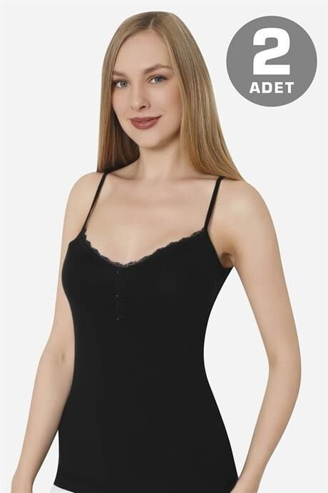 İp Askılı Siyah Kadın Düğmeli Atlet 2'li Paket Pamuklu Likralı