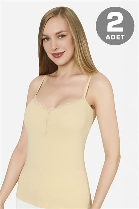 İp Askılı Ten Rengi Kadın Düğmeli Atlet 2'li Paket Pamuklu Likralı
