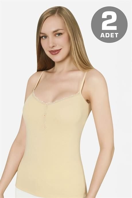 İp Askılı Ten Rengi Kadın Düğmeli Atlet 2'li Paket Pamuklu Likralı