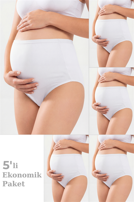 5'li Paket Beyaz Kadın Pamuklu Likralı Yüksek Bel Hamile Lohusa Külot