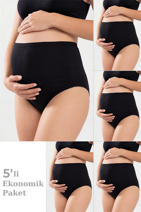 5'li Paket Siyah Kadın Pamuklu Likralı Yüksek Bel Hamile Lohusa Külot