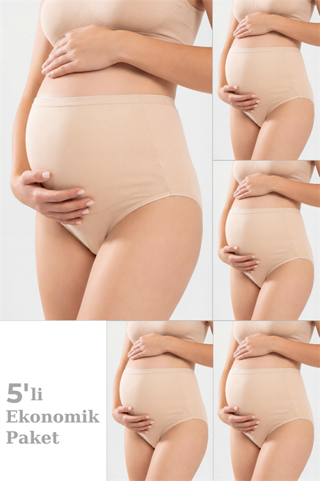 5'li Paket Ten Rengi Kadın Pamuklu Likralı Yüksek Bel Hamile Lohusa Külot