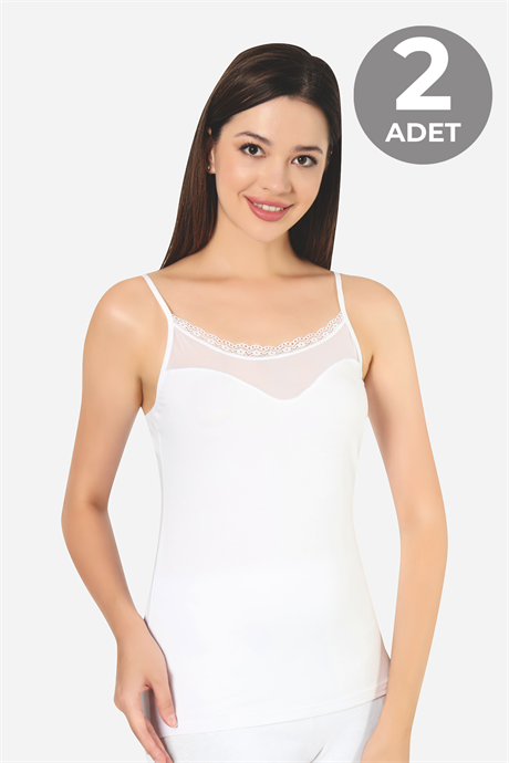 Beyaz 2'li Kadın Tüllü İp Askılı Atlet Pamuklu Likralı