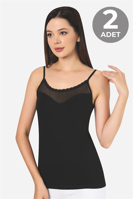 Siyah 2'li Kadın Tüllü İp Askılı Atlet Pamuklu Likralı