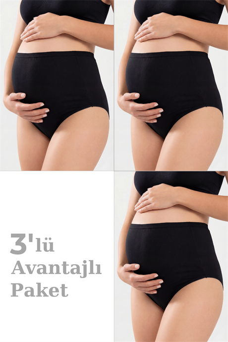 3'lü Paket Kadın Siyah Pamuklu Likralı Yüksek Bel Hamile Lohusa Külot Esnek ve Rahat Kumaş