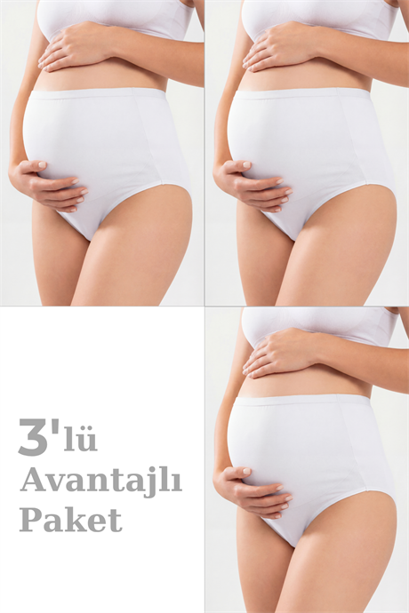 3'lü Paket Kadın Beyaz Pamuklu Likralı Yüksek Bel Hamile Lohusa Külot Esnek ve Rahat Kumaş