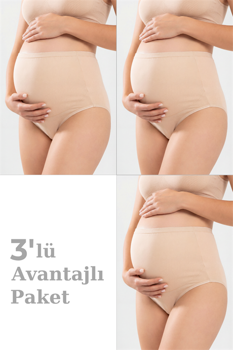 3'lü Paket Kadın Ten Rengi Pamuklu Likralı Yüksek Bel Hamile Lohusa Külot Esnek ve Rahat Kumaş