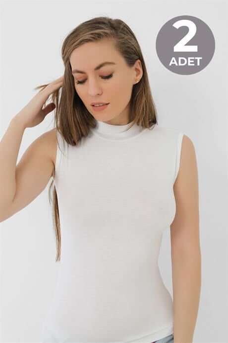 2 Adet Beyaz Bambu Kadın Balıkçı Yaka Sıfır Kol Body Boğazlı Kolsuz Badi