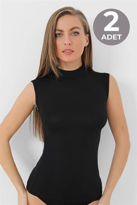 2 Adet Siyah Bambu Kadın Balıkçı Yaka Sıfır Kol Body Boğazlı Kolsuz Badi