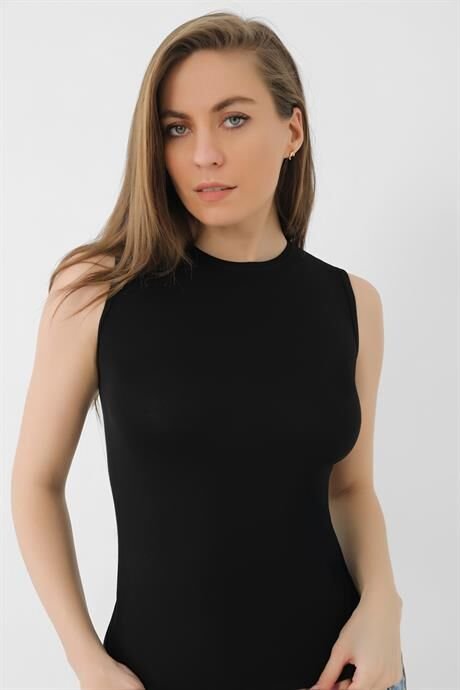 Siyah Kadın Bambu Tişört Sıfır Yaka Sıfır Kol Kolsuz Atlet