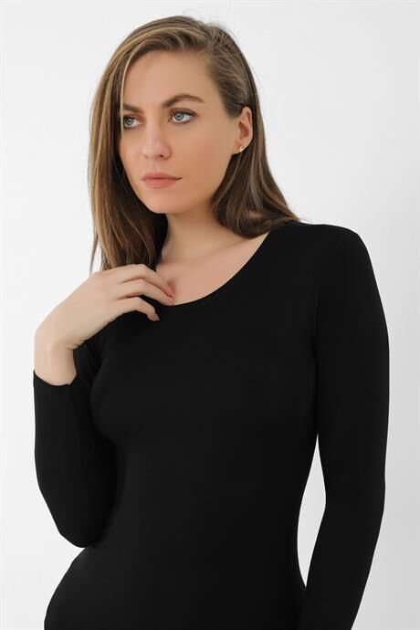 Siyah Kadın Bambu Tişört Uzun Kollu Fanila Badi
