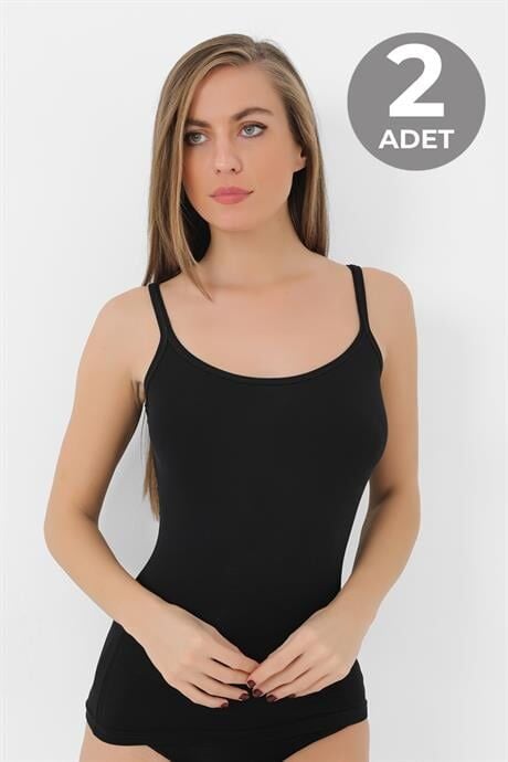 2 Adet Siyah Kadın Bambu Atlet Kalın İp Askı Yumuşak Esnek