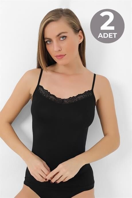 Kadın Bambu Siyah V Yaka İp Askılı Dantelli Atlet 2'li Paket