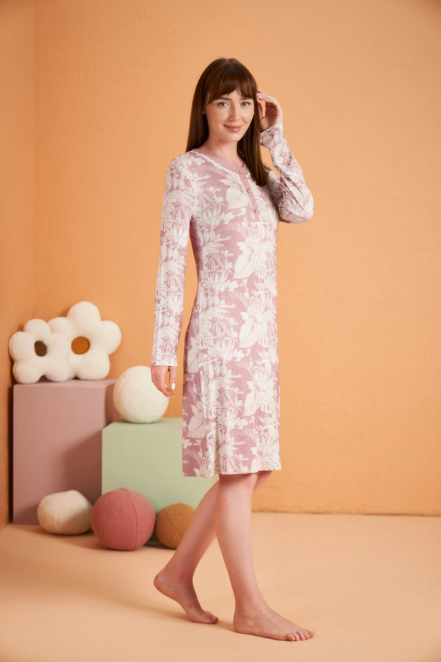 PJS 28019 Kadın Uzun Kol Desenli Gecelik