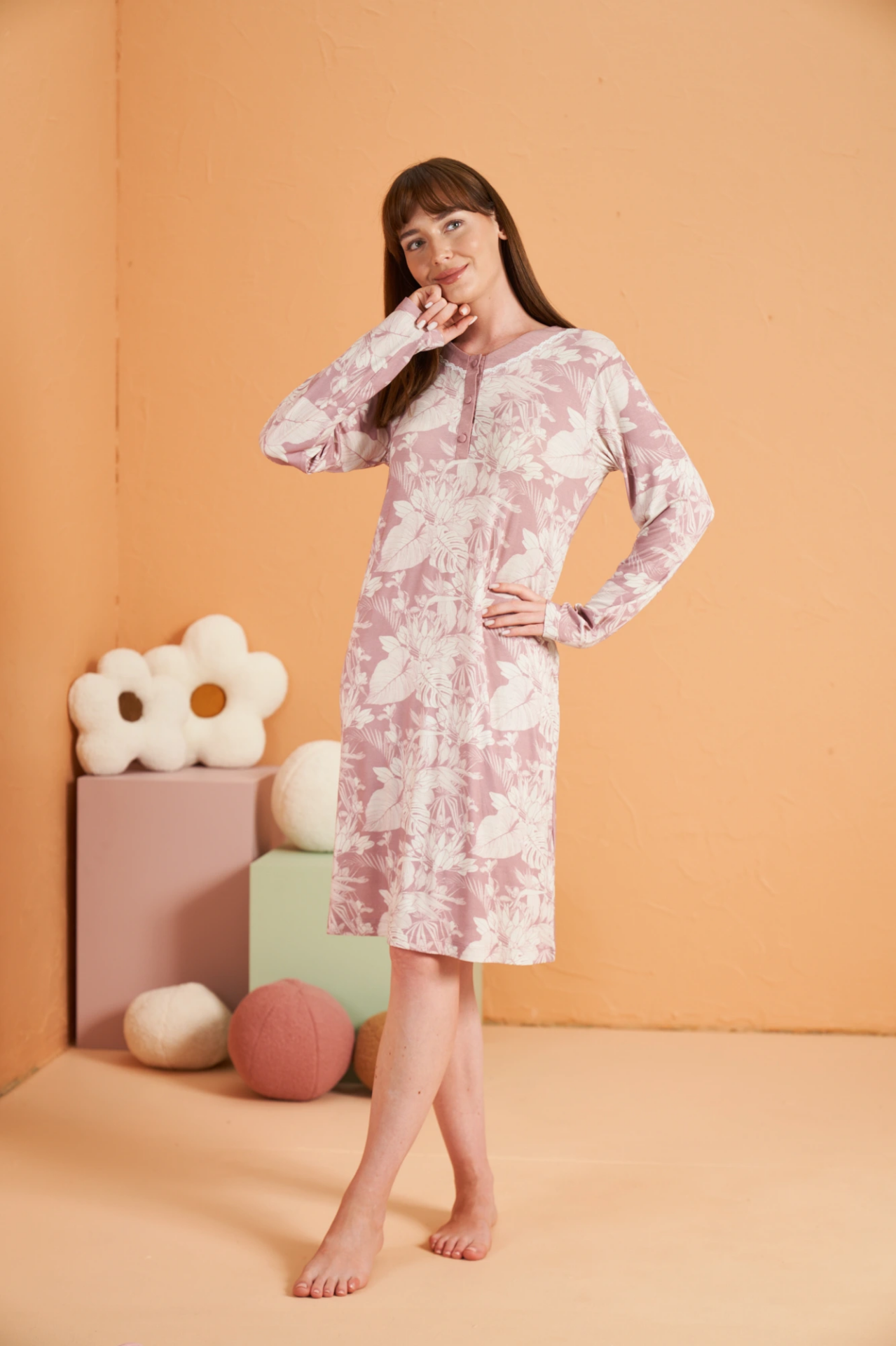 PJS 28019 Kadın Uzun Kol Desenli Gecelik