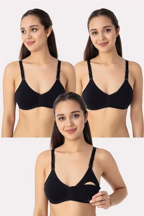 3 Adet Siyah Kadın Pamuklu Emzirme Sütyeni Balensiz Hamile Lohusa Esnek Yumuşak Kumaş