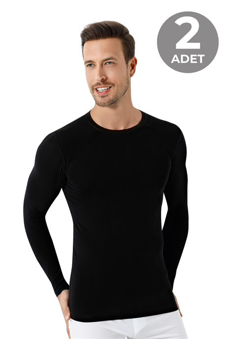 Erkek Siyah Bisiklet Yaka Uzun Kollu Fanila Tişört 2'li Paket %100 Pamuk Penye