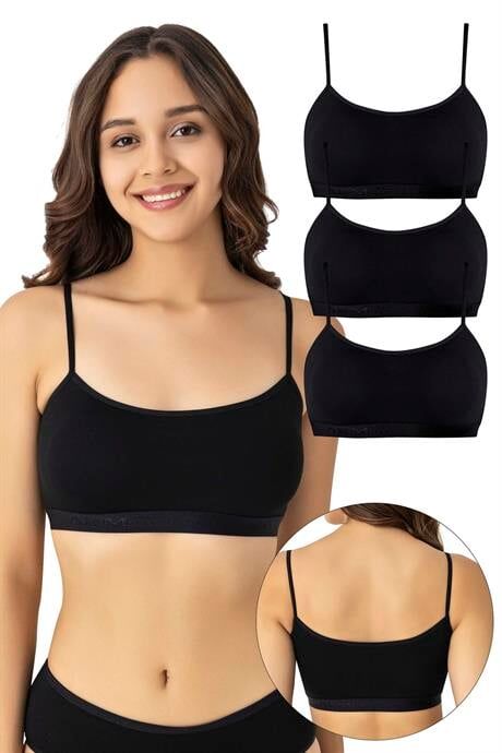 Kadın Bambu İp Askılı Çıkarılabilir Pedli Büstiyer Siyah 3'lü Paket